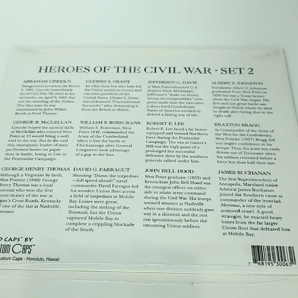 Pogs heroes of The Civil War Set 1 And 2 Custom Caps Sealed On Card NEW
